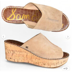 Sam Edelman Ranger Tan Suede Cork Wedge Open Toe Slip On Sandal Clogs Size 8